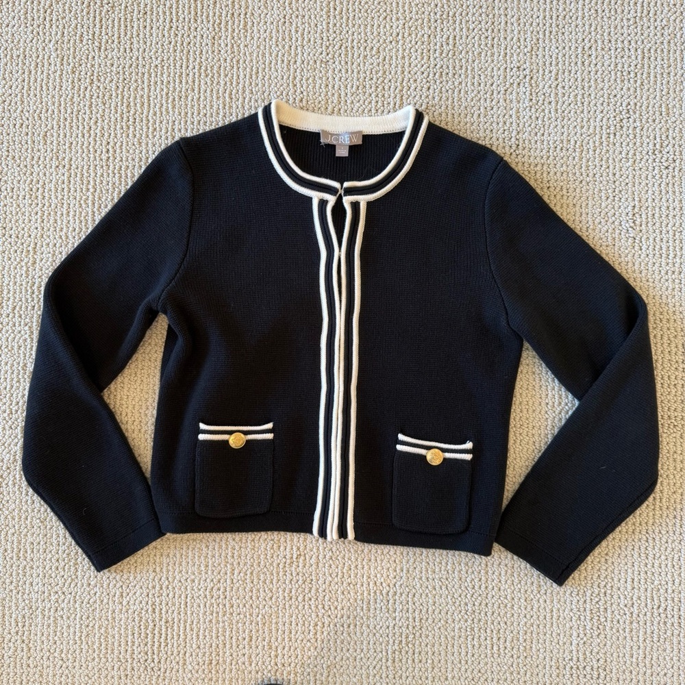J Crew Emilie Sweater Lady Jacket - Black and White Striped Contrast Trim